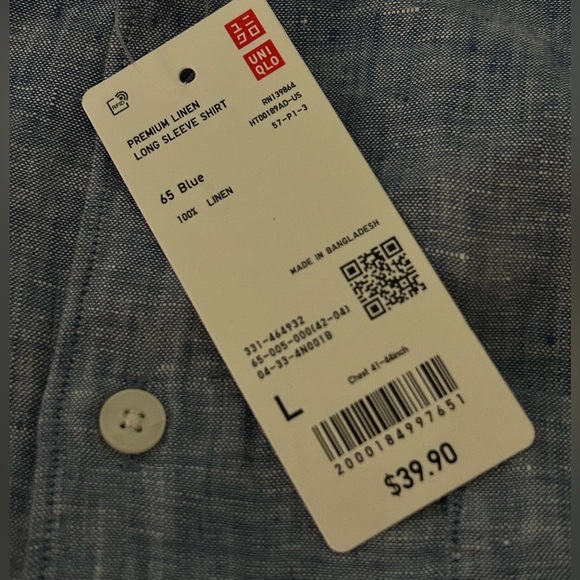 NWT Uniqlo Premium Linen Long Sleeve Shirt Men's Large NEW Blue - Picture 2 of 10